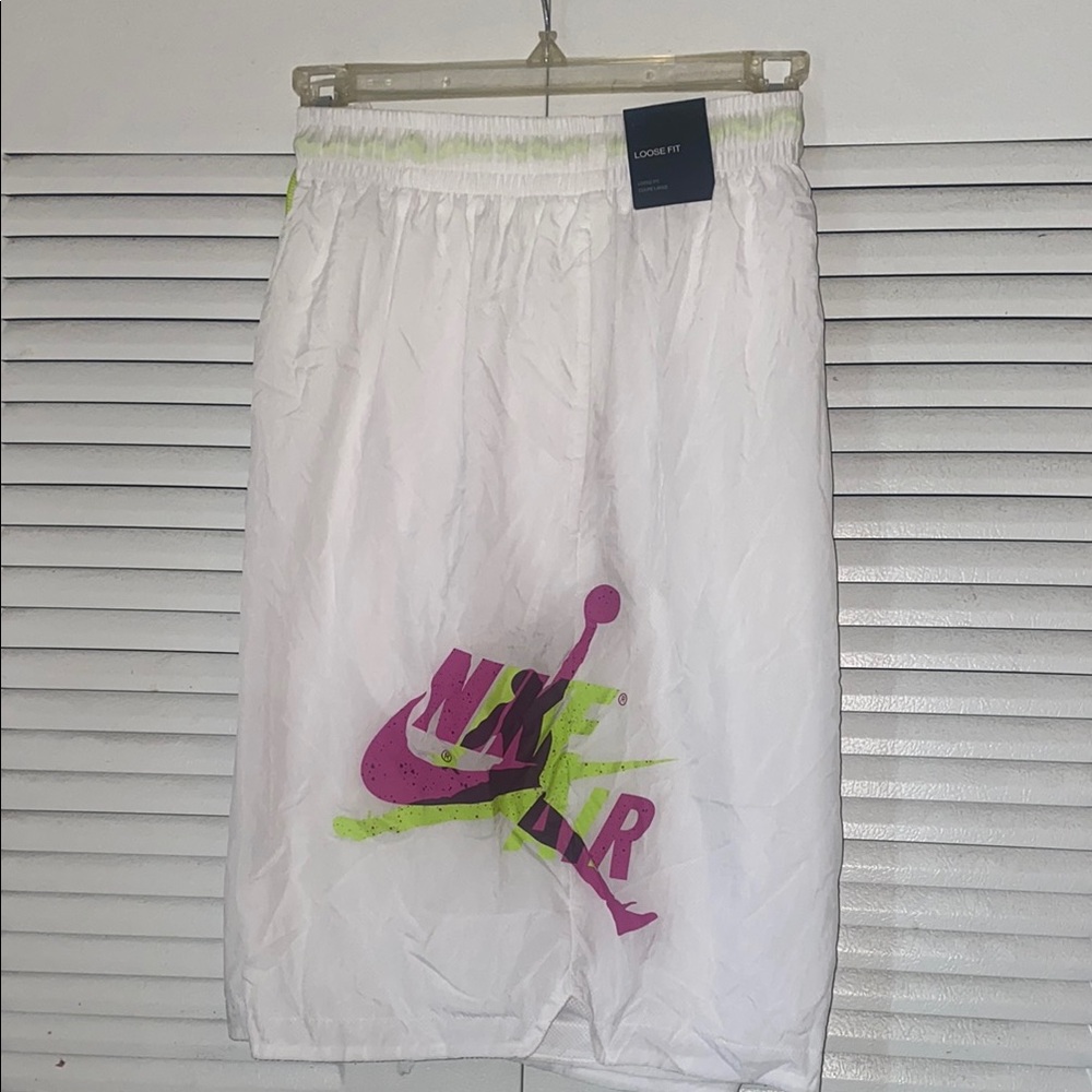 Nike Air White Shorts with Pink and Green Logo